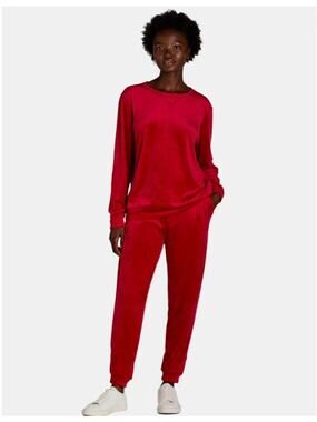 Women's Velour Pullover Sweater Jogger Cozy Lounge Set Vibrant Red Balloon Small